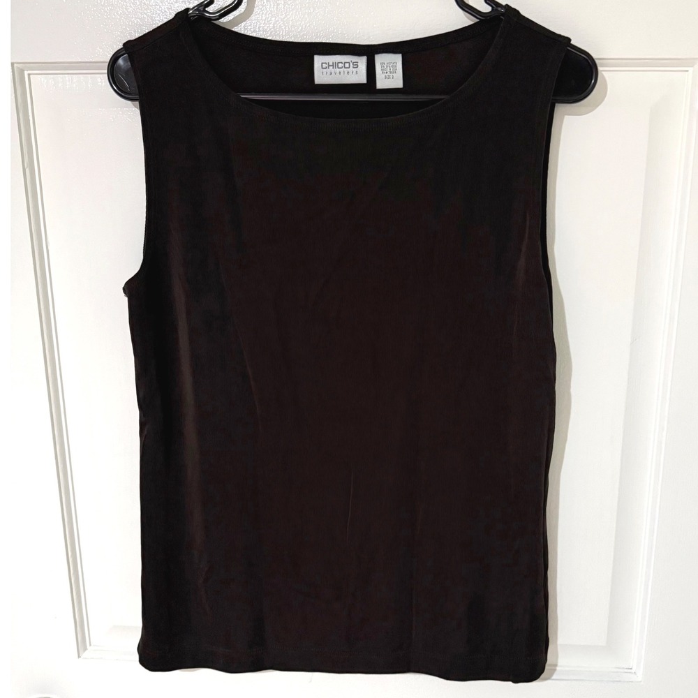 Chicos Travelers Black Sleeveless Tank Top Boat Neck Ribbed Size 2 Large